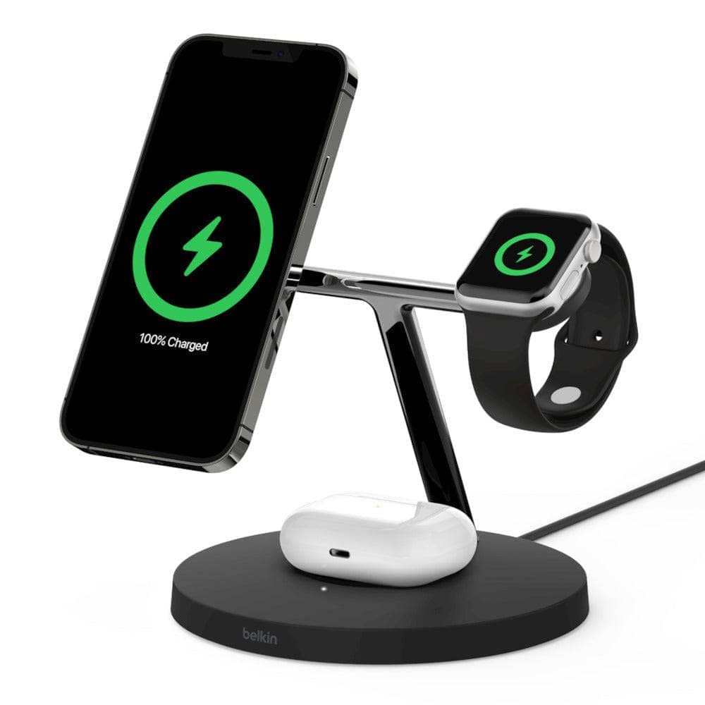 Belkin 15W Magsafe 3 in 1 Magnetic Wireless Charger - For iPhone 12/12 Pro - Black-Charging - Wireless Chargers-BELKIN-www.PhoneGuy.com.au