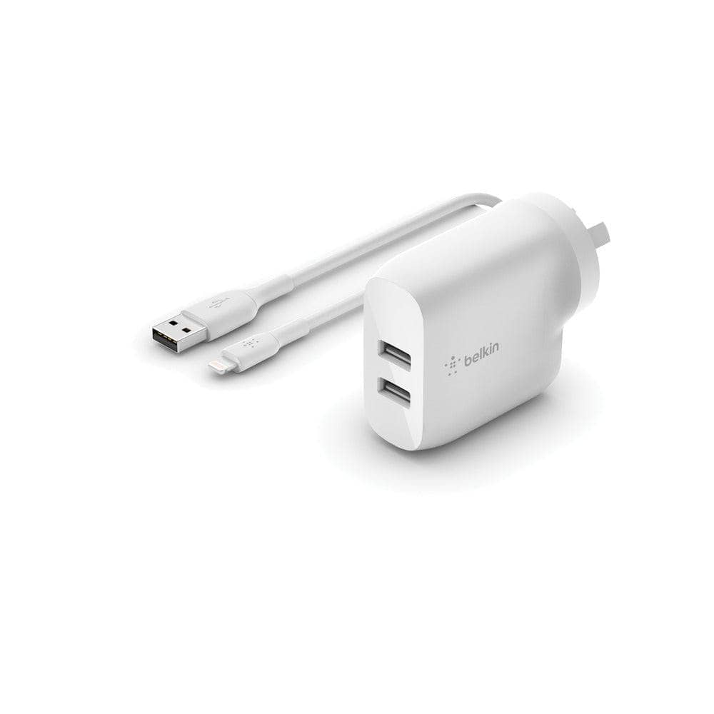 Belkin BOOSTCHARGE Dual USB-A Wall Charger 24W + Lightning to USB-A Cable - For Apple Devices - White-Charging - Wall Chargers-BELKIN-www.PhoneGuy.com.au