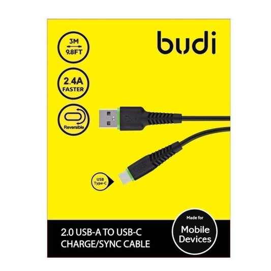 Budi 3 Meter Type C USB C Cable Charging Long 2.4A Rated Rubber Fast Black-Cable-Budi-www.PhoneGuy.com.au