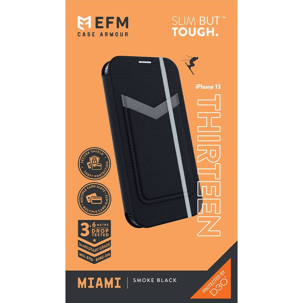 EFM Miami Leather Wallet Case Armour with D3O - For iPhone 13 (6.1") - Smoke Black-Cases - Wallets & Folios-EFM-www.PhoneGuy.com.au