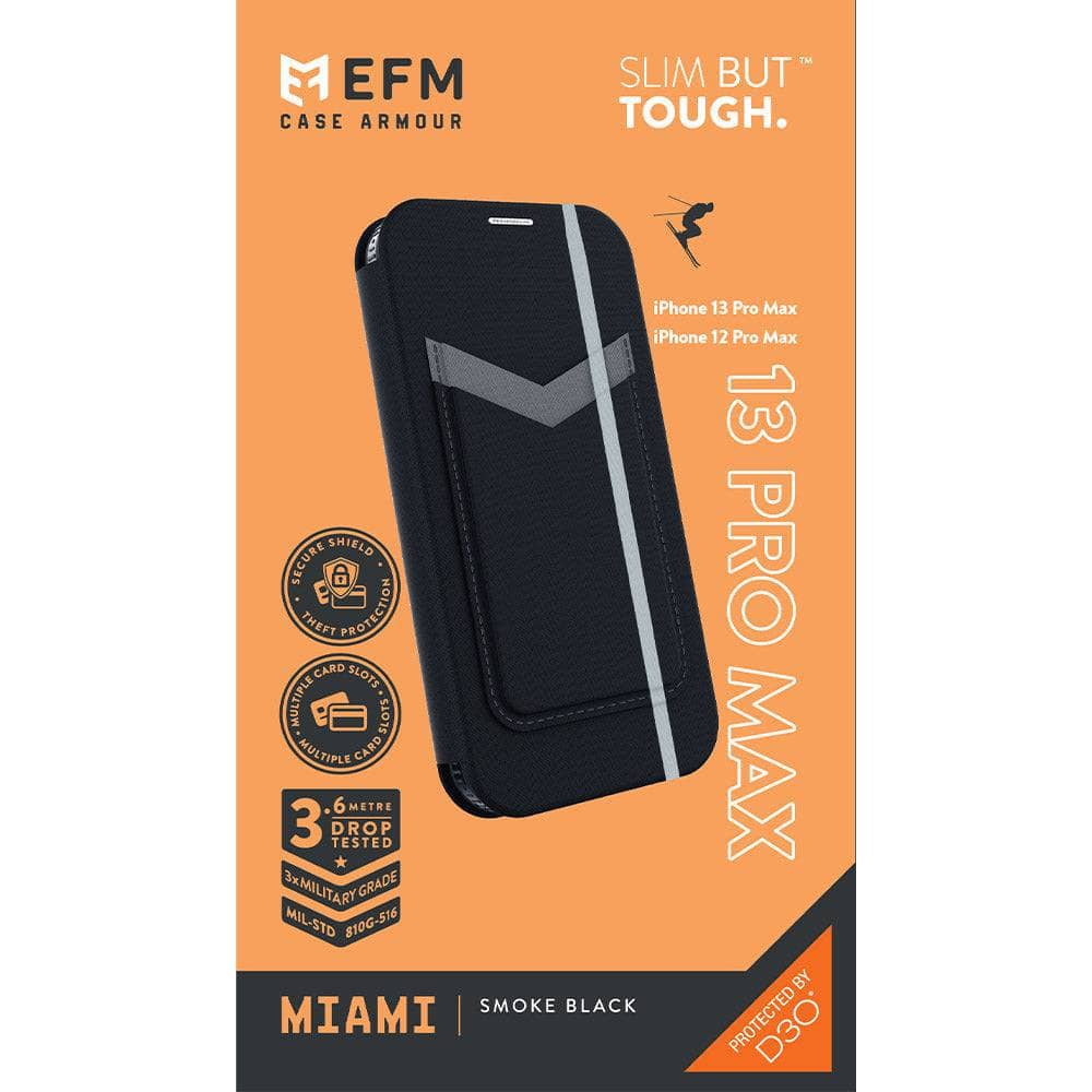EFM Miami Leather Wallet Case Armour with D3O - For iPhone 13 Pro Max (6.7") - Smoke Black-Cases - Wallets & Folios-EFM-www.PhoneGuy.com.au