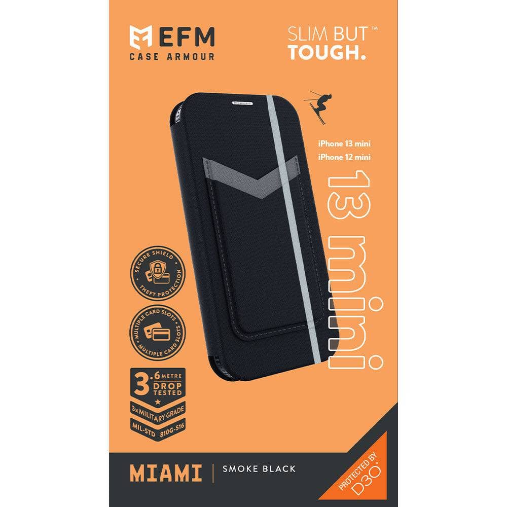 EFM Miami Leather Wallet Case Armour with D3O - For iPhone 13 mini (5.4") - Smoke Black-Cases - Wallets & Folios-EFM-www.PhoneGuy.com.au