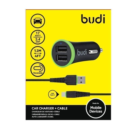 Genuine Budi 17W Type C Car Charger Dual Ports Cable included 3.4A Output Fast-Car Charger-Budi-www.PhoneGuy.com.au
