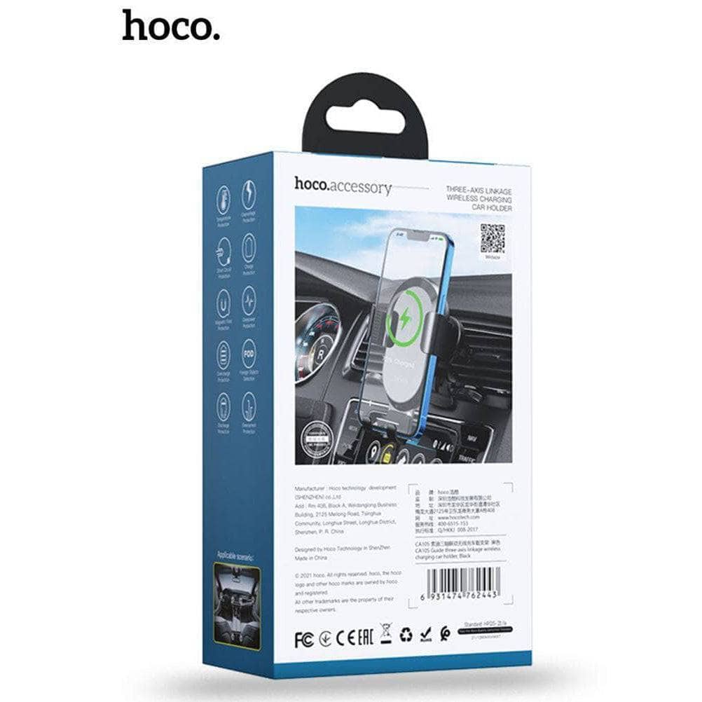 Hoco CA105 15W Three Axis Linkage Wireless Charger Air Vent Car Holder - Black-Car - Cradles & Holders|Charging - Wireless Chargers-hoco-www.PhoneGuy.com.au